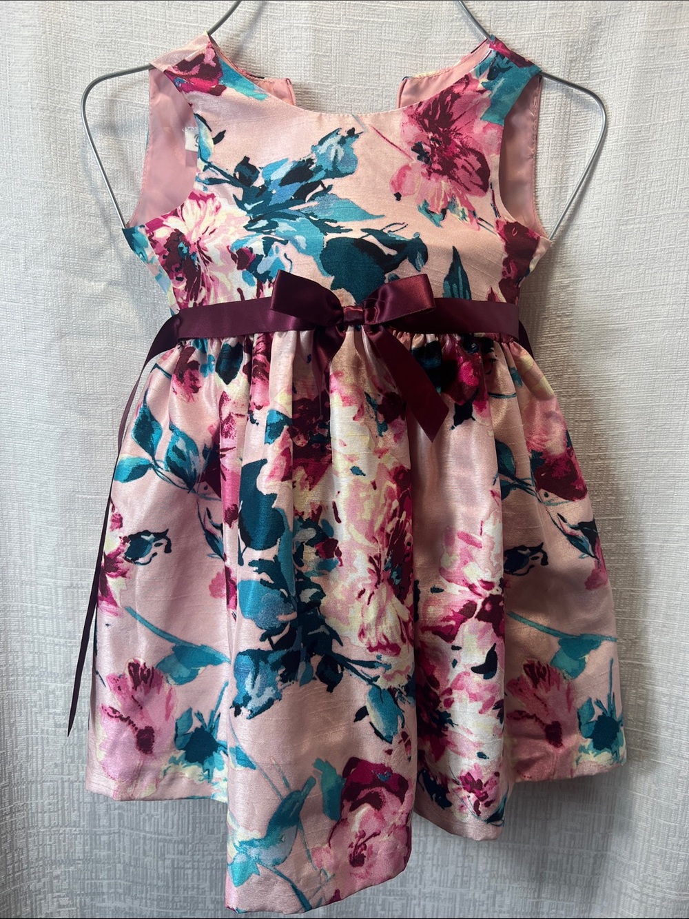 Bonnie Jean Pink Floral Satin Dress with Teal and Burgundy Accents Size 3